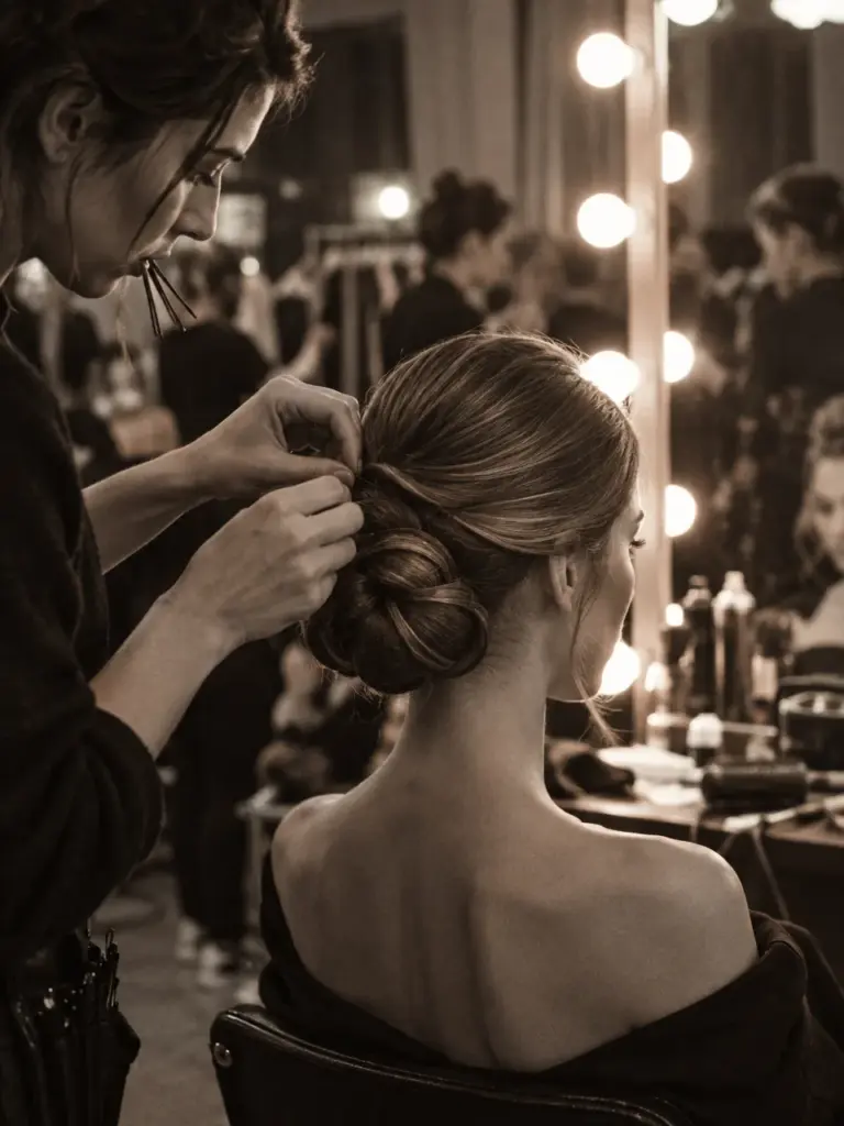 Backstage, a stylist pins a low chignon in front of a mirror