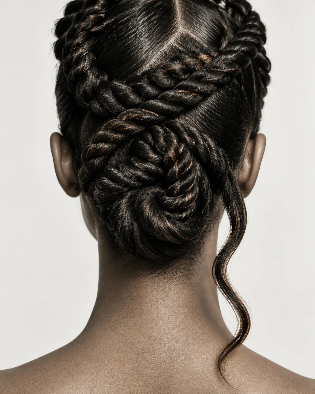 Back of a head with an architectural hairstyle of glossy twists