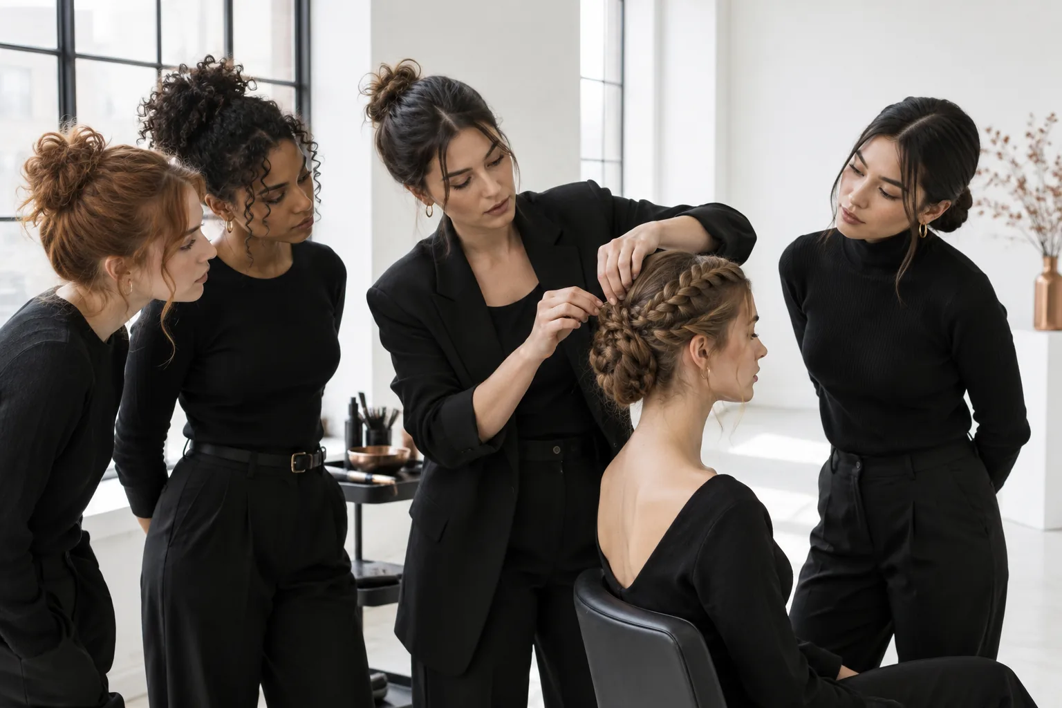 Masterclass: an instructor builds a braided updo while stylists watch