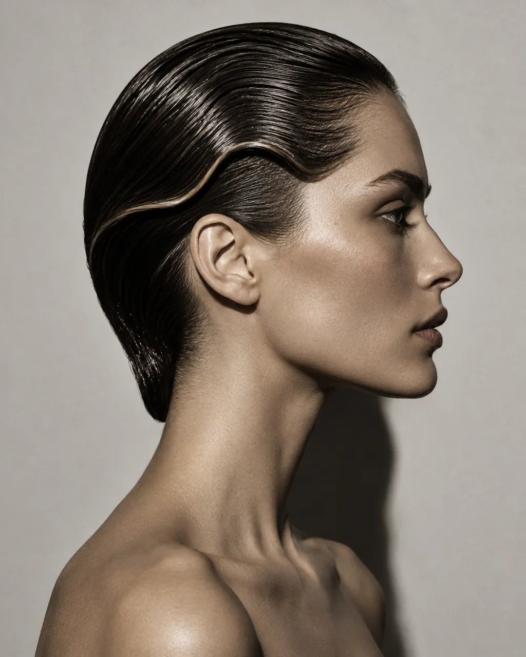 Model in profile with a sculpted wet-look hairstyle