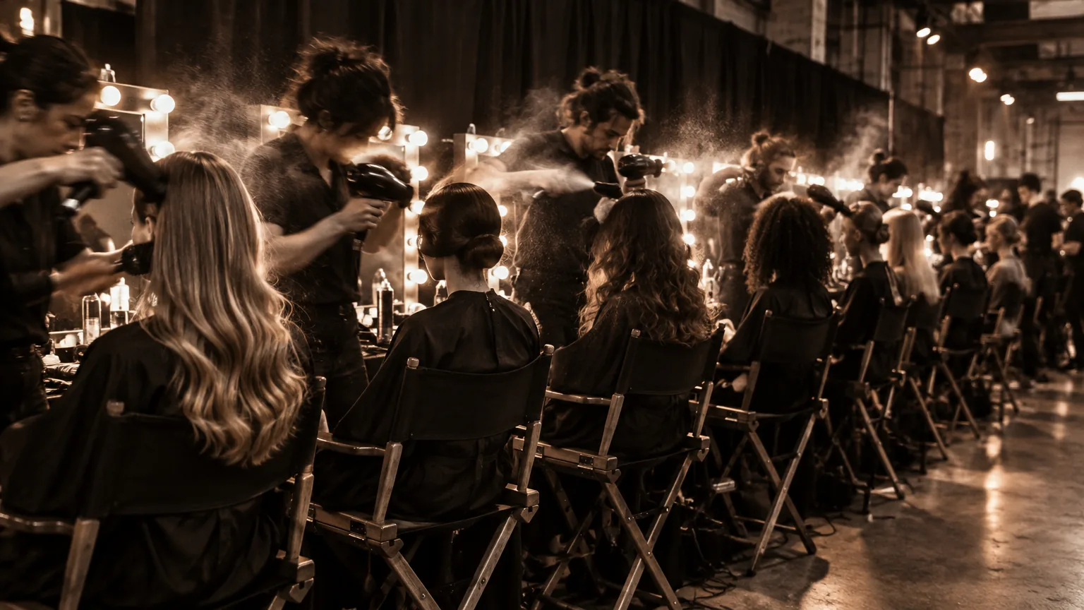 Row of models in chairs while stylists blow-dry their hair before a show